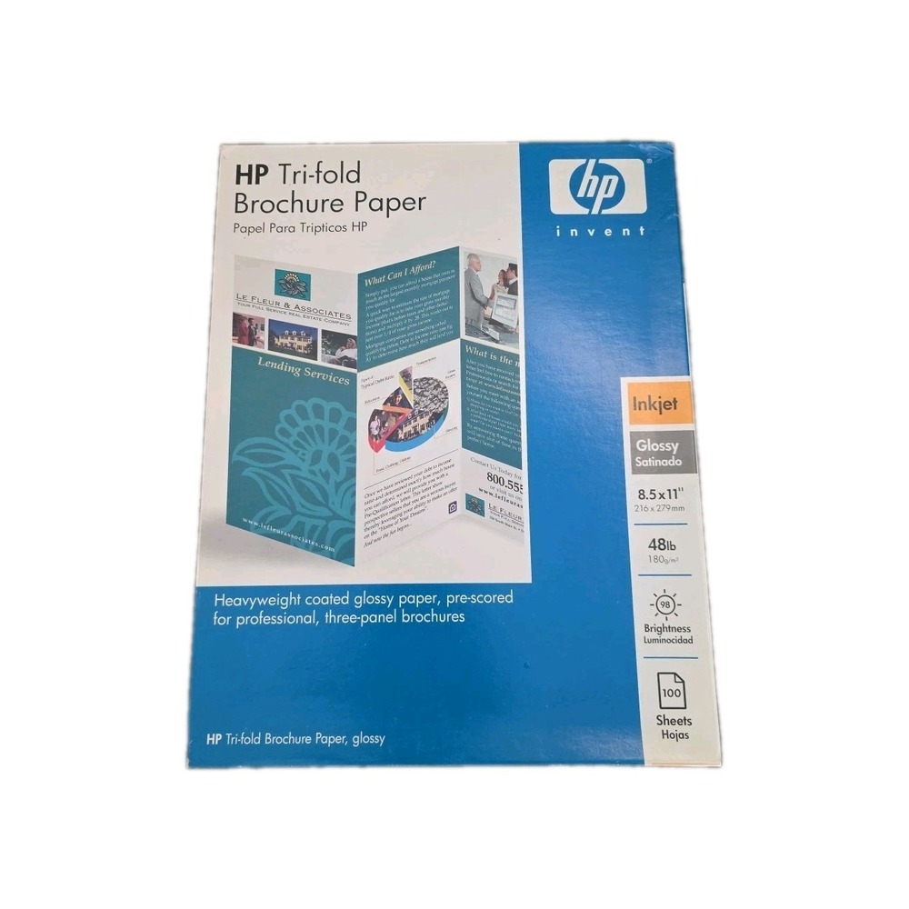 HP Tri-fold Glossy Brochure Paper Inkjet 100 Sheet 8.5x11 44lb Bond W/ Seals